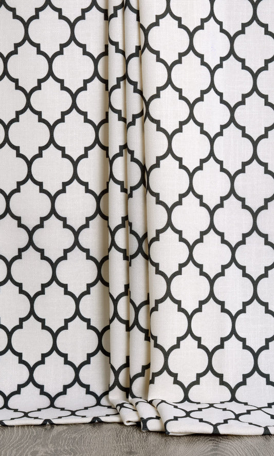 Moroccan Tile Patterned Home Décor Fabric By the Metre (Milky White/ Black)