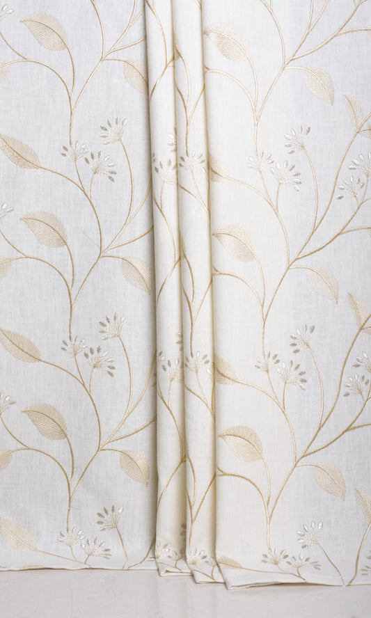 Poly-Linen Floral Embroidery Home Décor Fabric By the Metre (White/ Cream)