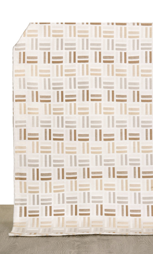 Woven Geometric Patterned Home Décor Fabric By the Metre (Beige/ Brown on White)