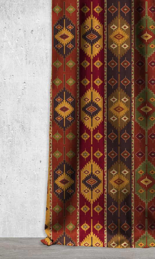 Kilim Print Window Home Décor Fabric By the Metre (Red/ Yellow/ Brown)