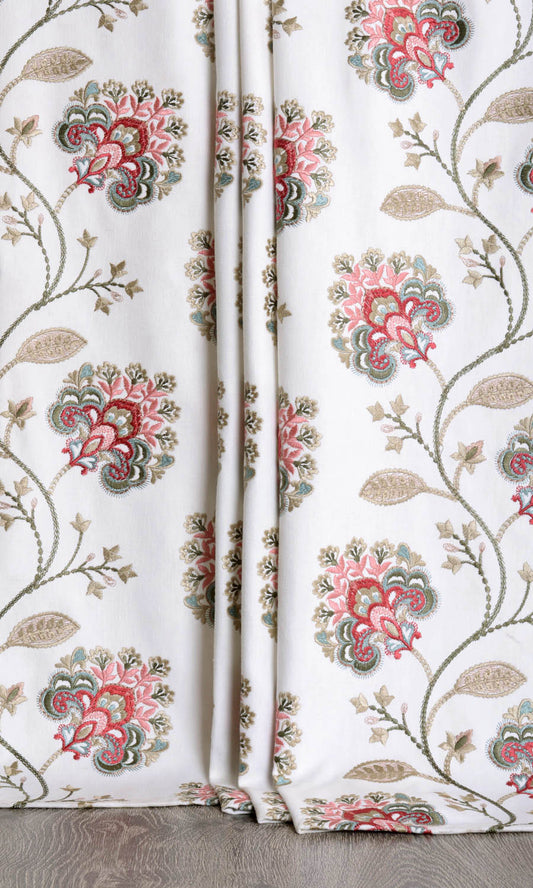Floral Embroidery Home Décor Fabric Sample (White/ Red/ Pink)