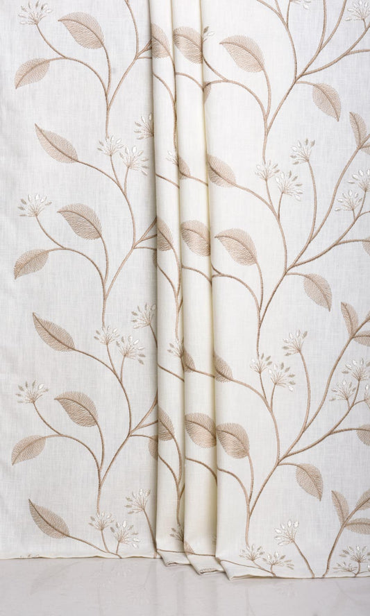 Poly-Linen Floral Embroidery Home Décor Fabric By the Metre (White/ Cream)