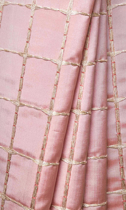 Embroidered Check Home Décor Fabric By the Metre (Coral Pink and Gold)