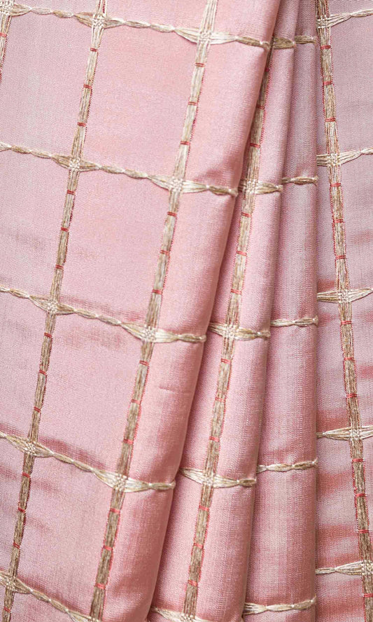 Embroidered Check Home Décor Fabric Sample (Coral Pink and Gold)