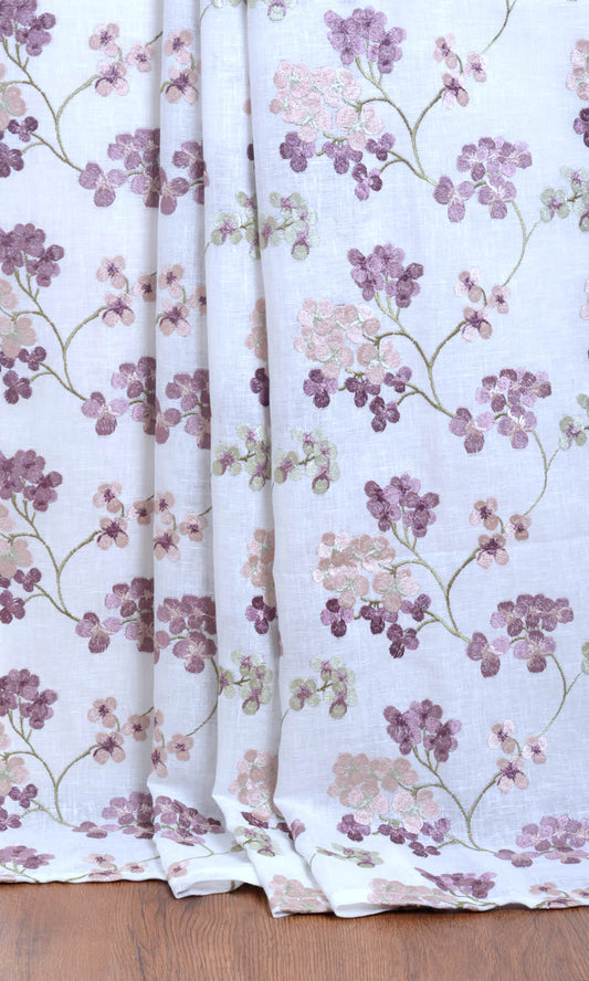 Semi Sheer Floral Home Décor Fabric By the Metre (White/ Pink/ Purple)