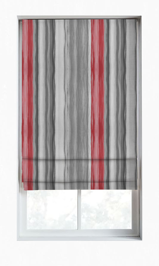 Dimout Striped Window Home Décor Fabric By the Metre (Grey/ Coral Red)