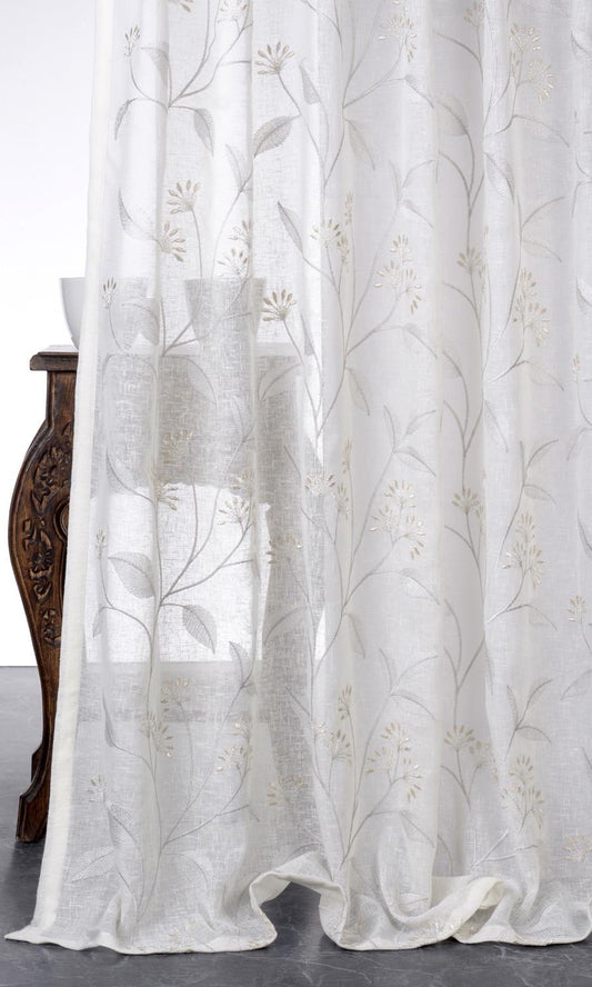 Sheer Floral Embroidered Home Décor Fabric Sample (White/ Cream)
