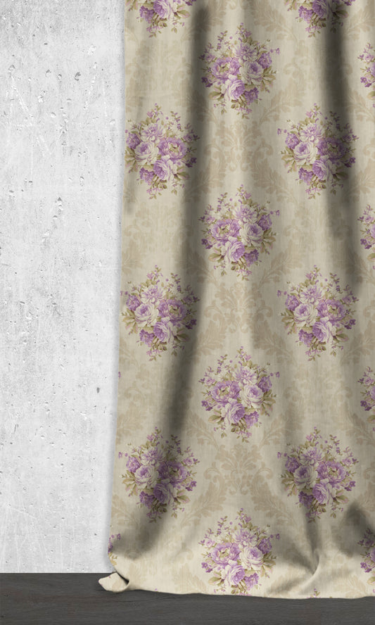 Dimout Floral Home Décor Fabric By the Metre (Purple/ Ivory/ Grey)