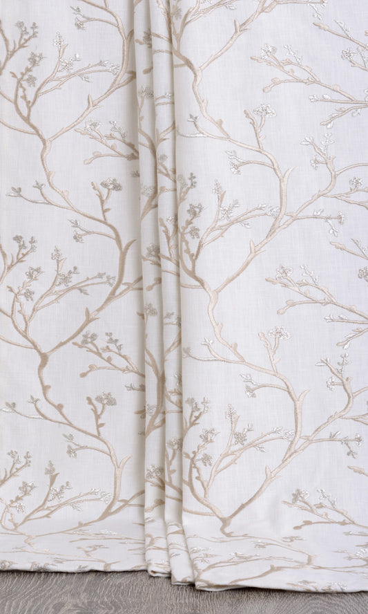 Floral Vine Print Embroidery Home Décor Fabric By the Metre (White/ Beige)