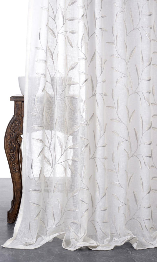 Sheer Floral Embroidered Home Décor Fabric Sample (White/ Gray)