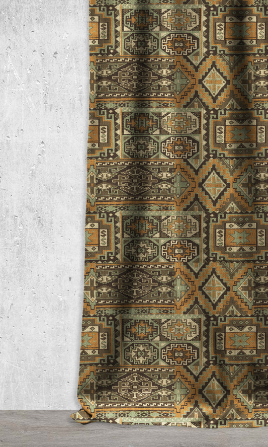 Custom Kilim Home Décor Fabric By the Metre (Green/ Coffee Brown/ Gold)