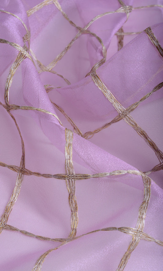 Embroidered Check Sheer Home Décor Fabric By the Metre (Pink and Gold)