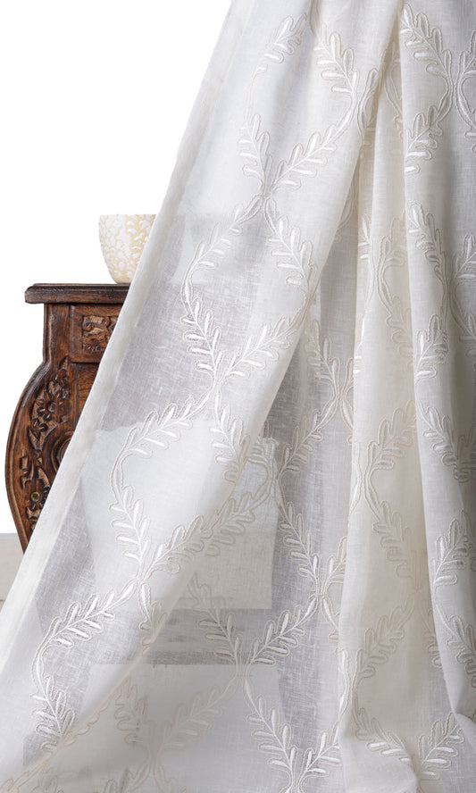 Sheer Floral Embroidery Home Décor Fabric Sample (White/ Cream)