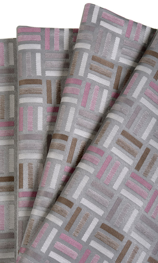 Geometric Patterned Jacquard Home Décor Fabric Sample (Pink/ Grey/ Brown)