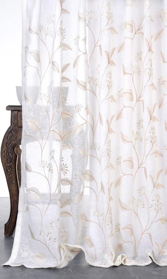 Sheer Floral Embroidered Home Décor Fabric By the Metre (White/ Beige)
