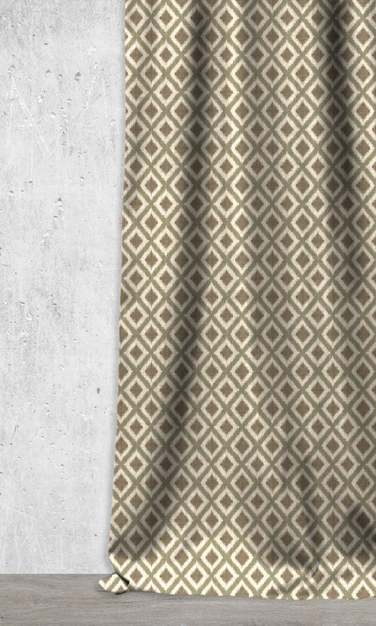 Diamond Ikat Home Décor Fabric By the Metre (Moss Green/ White/ Brown)