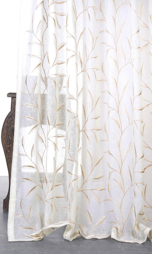Sheer Floral Embroidered Home Décor Fabric Sample (White/ Beige)