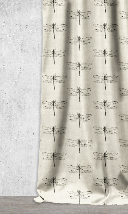 Dragonfly Print Home Décor Fabric By the Metre (Black/ Milky White)