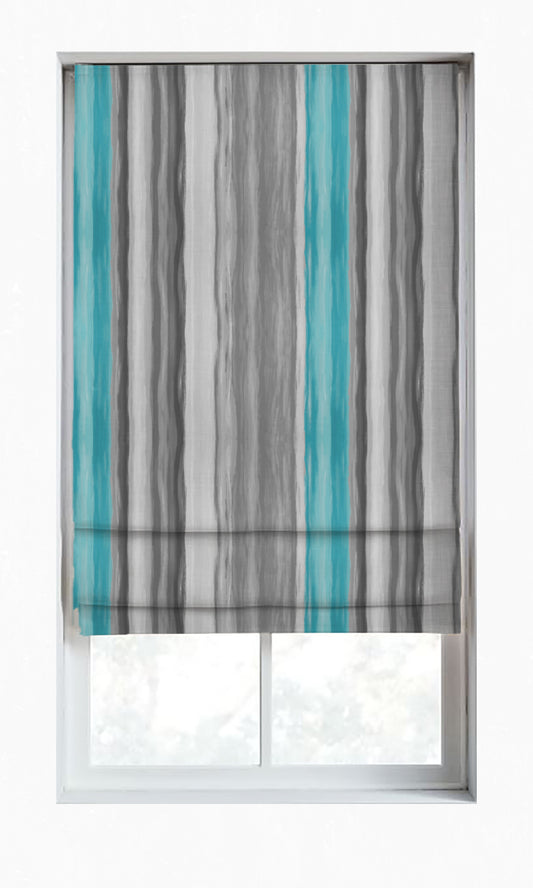 Dimout Striped Home Décor Fabric By the Metre (Grey/ Turquoise Blue)
