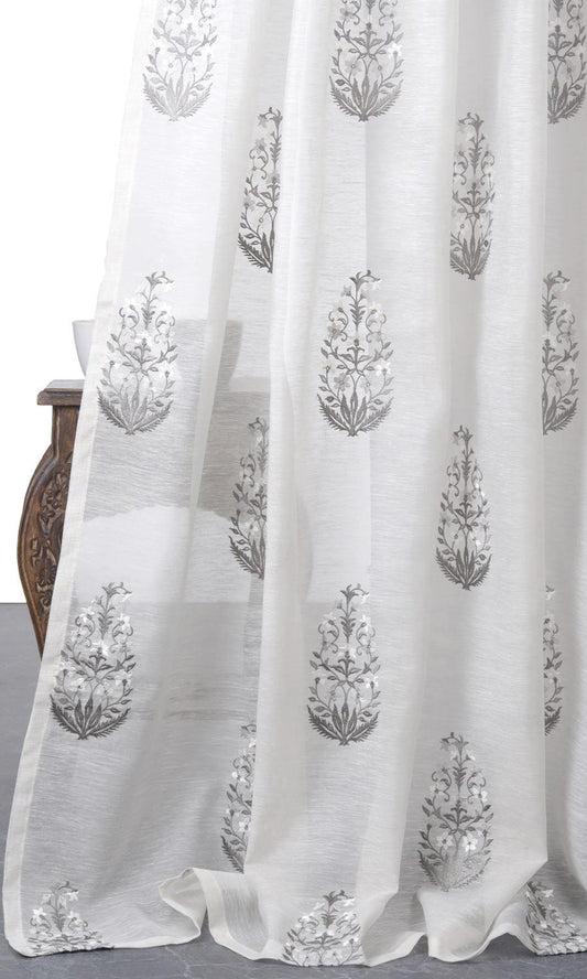 Sheer Floral Paisley Roman Shades (White/ Gray)