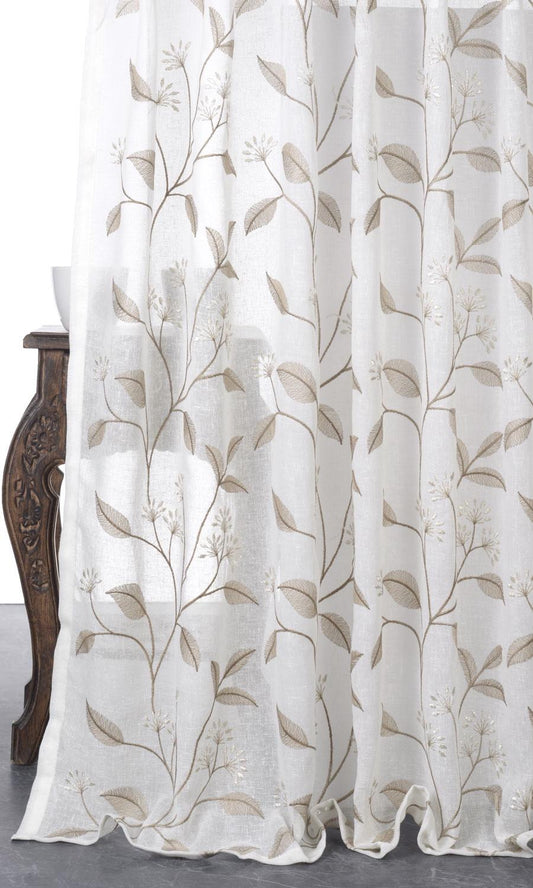 Sheer Floral Embroidered Home Décor Fabric By the Metre (White/ Brown)