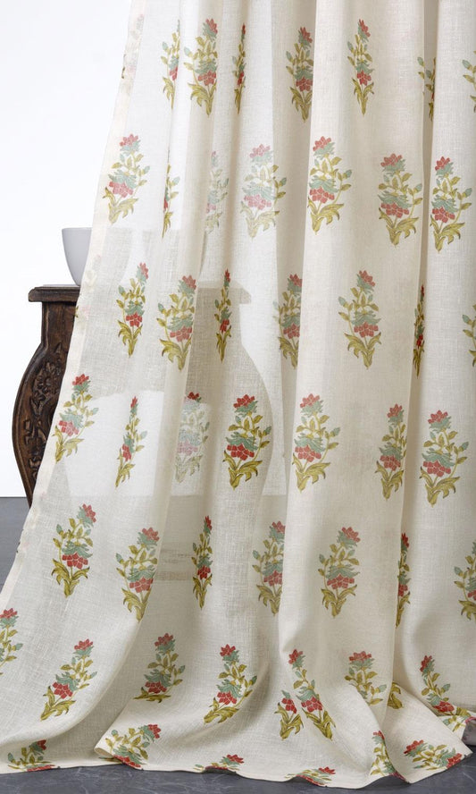 Sheer Floral Home Décor Fabric Sample (Cream/ Red/ Blue)
