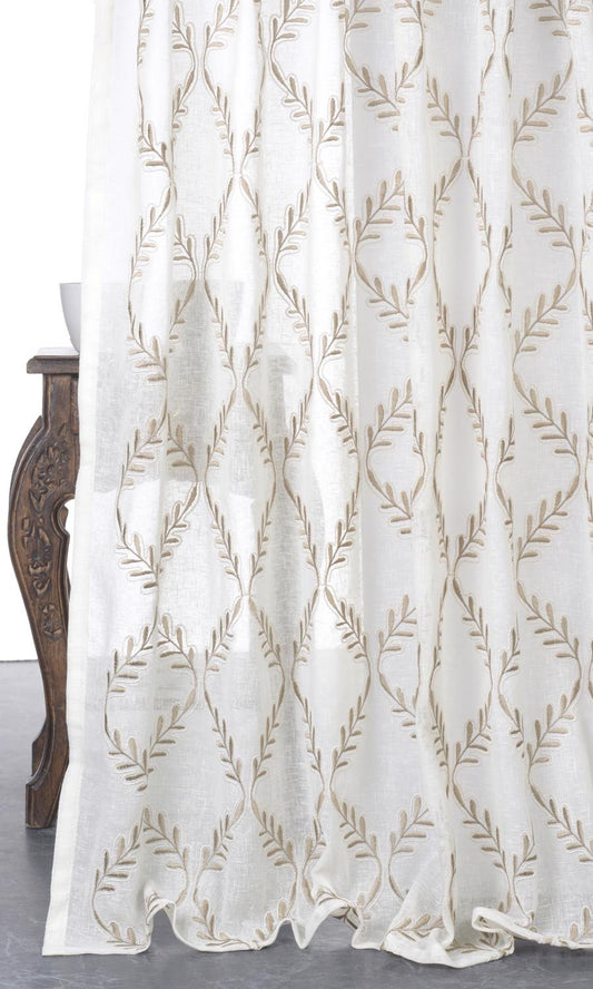 Sheer Floral Embroidered Roman Shades (White/ Brown)