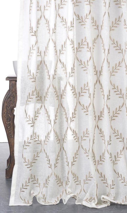 Sheer Floral Embroidered Home Décor Fabric By the Metre (White/ Brown)