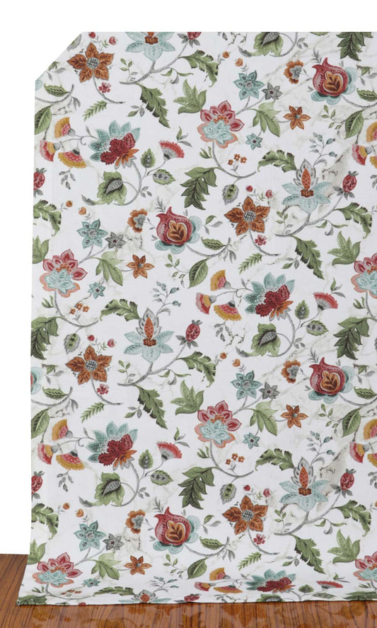 Floral Cotton Home Décor Fabric Sample (White/ Green/ Red)