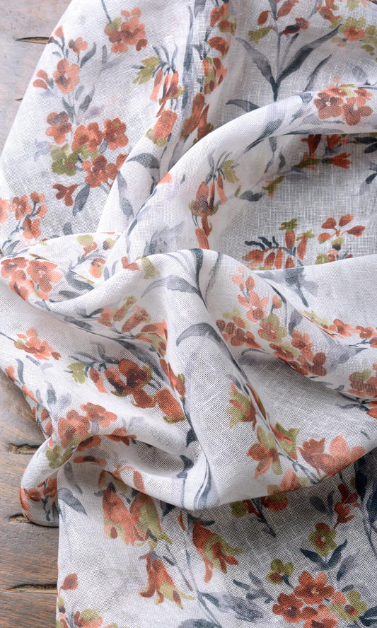 Floral Print Sheer Home Décor Fabric By the Metre (White/ Orange)