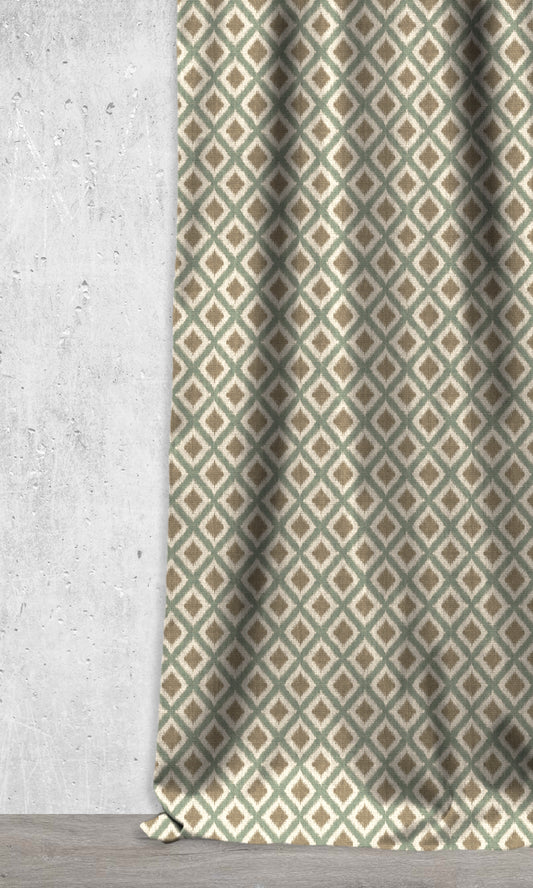 Diamond Patterned Ikat Home Décor Fabric By the Metre (Olive Green/ Turquoise)