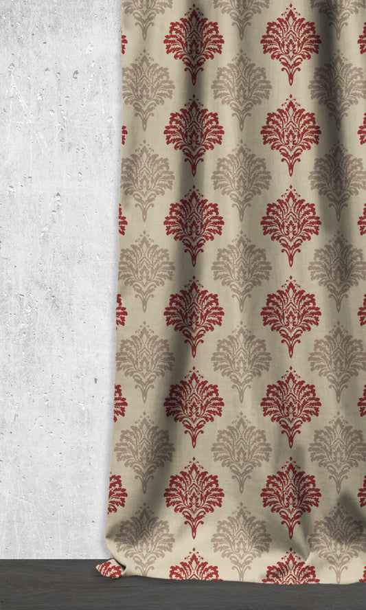 Damask Patterned Dimout Home Décor Fabric Sample (Red/ Stone Grey)