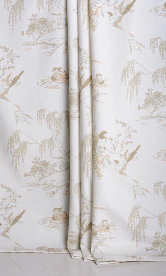 Chinoiserie Toile Velvet Print Home Décor Fabric By the Metre (White/ Ivory)