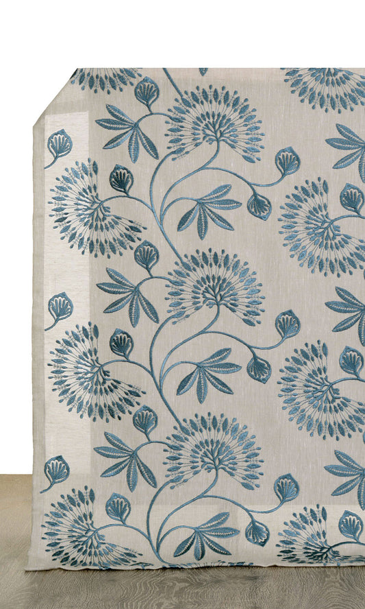 Semi Sheer Embroidered Home Décor Fabric By the Metre (Pale Beige/ Teal Blue)