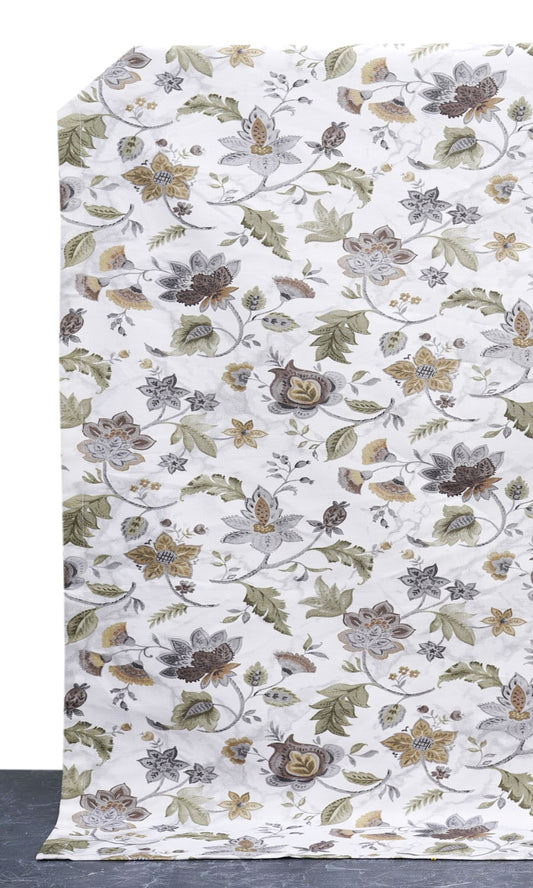 Floral Cotton Home Décor Fabric Sample (White/ Grey/ Green)