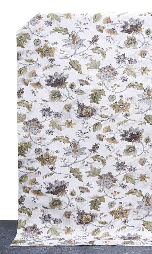 Floral Cotton Home Décor Fabric By the Metre (White/ Grey/ Green)