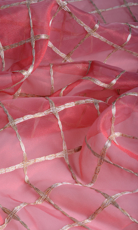 Embroidered Check Sheer Home Décor Fabric By the Metre (Coral Red/ Pink/ Gold)