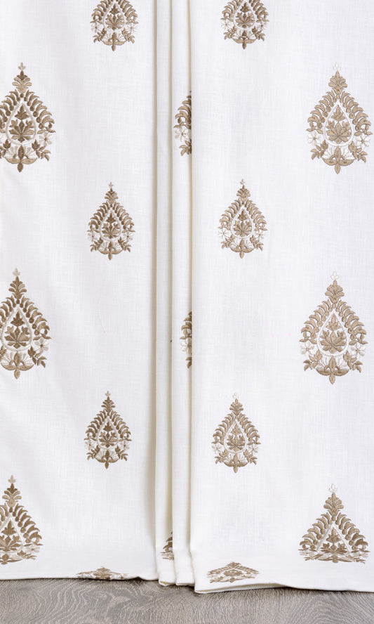 Patterned Embroidery Home Décor Fabric By the Metre (Off White/ Coffee Brown)