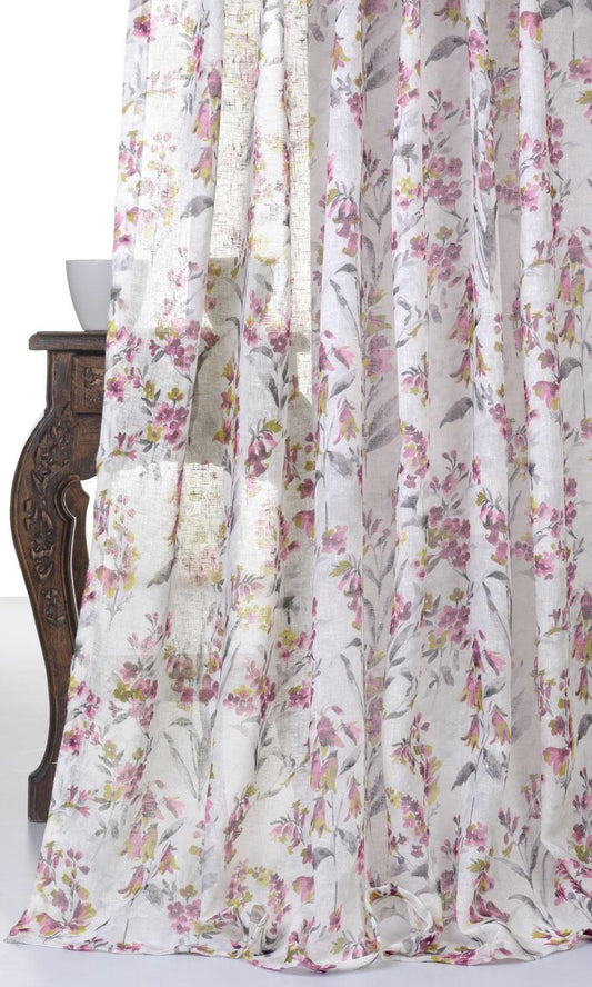Sheer Floral Print Home Décor Fabric By the Metre (Pink/ Grey)