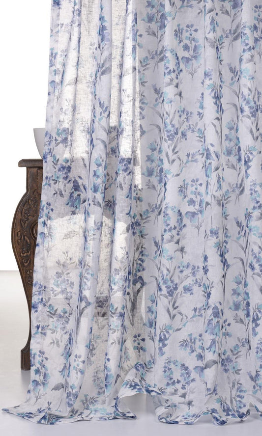 Sheer Floral Print Home Décor Fabric By the Metre (Blue/ Grey)
