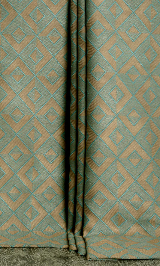 Woven Diamond Patterned Home Décor Fabric By the Metre (Turquoise Blue/ Brown)