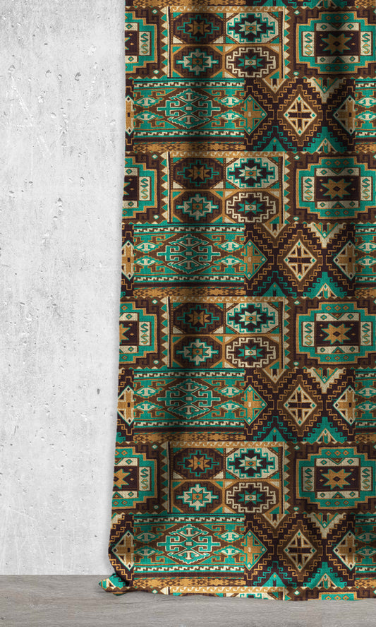 Custom Kilim Roman Shades (Turquoise/ Tawny Brown)