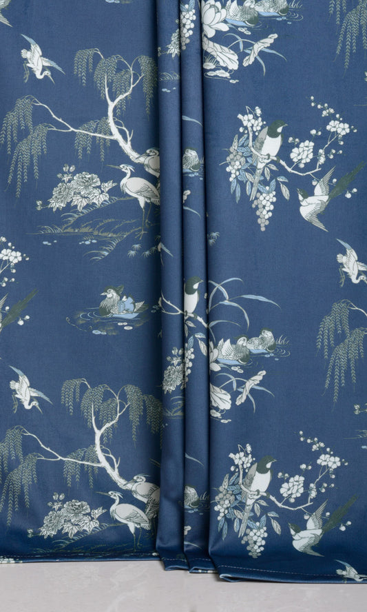 Chinoiserie Toile Velvet Print Home Décor Fabric By the Metre (Navy Blue)