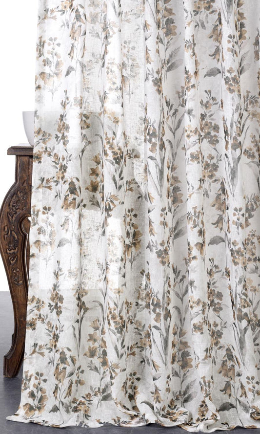 Sheer Floral Print Home Décor Fabric By the Metre (Beige/ Brown)