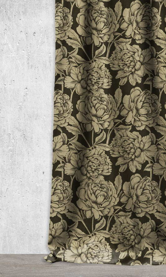 Floral Print Home Décor Fabric By the Metre (Black/ Khaki Brown)