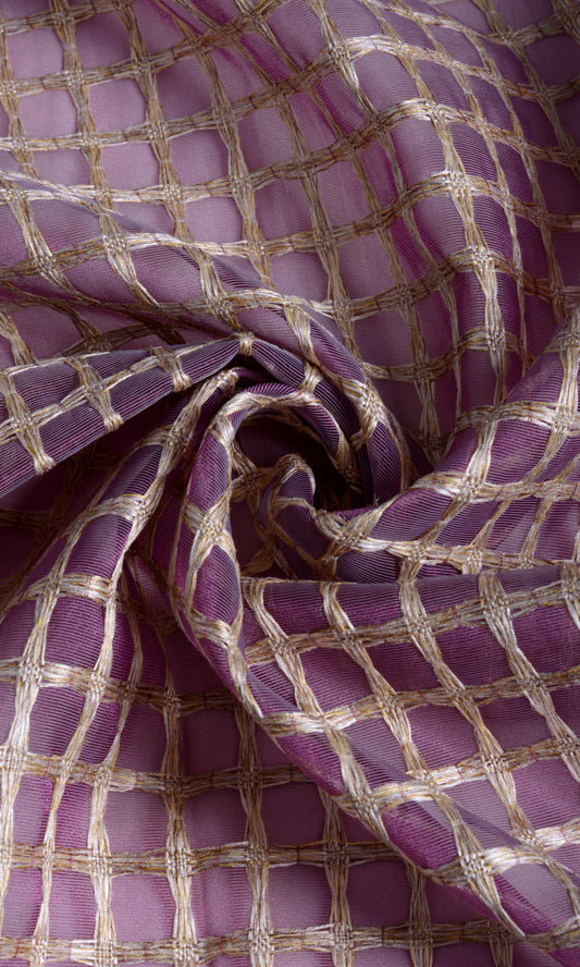 Embroidered Check Sheer Home Décor Fabric By the Metre (Purple and Gold)