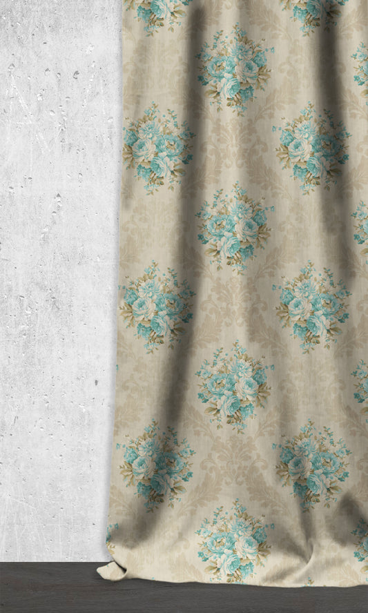Room Darkening Floral Home Décor Fabric By the Metre (Blue/ Ivory)