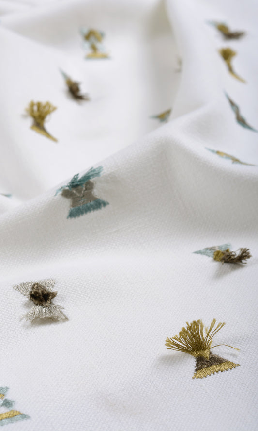 White Embroidered Home Décor Fabric By the Metre (Pale Green/ Sky Blue/ White)