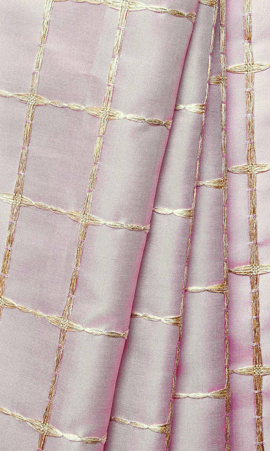 Embroidered Check Home Décor Fabric By the Metre (Pink and Gold)