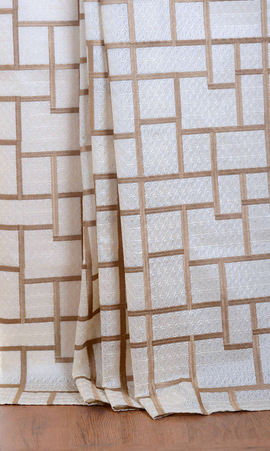 Geometric Embroidered Home Décor Fabric By the Metre (White/ Brown)